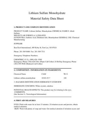 Lithium Sulfate Monohydrate Material Safety Data Sheet