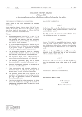 COMMISSION DIRECTIVE 2004/29/EC of 4 March 2004 on Determining the Characteristics and Minimum Conditions for Inspecting Vine Varieties