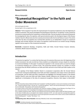 “Ecumenical Recognition” in the Faith and Order Movement