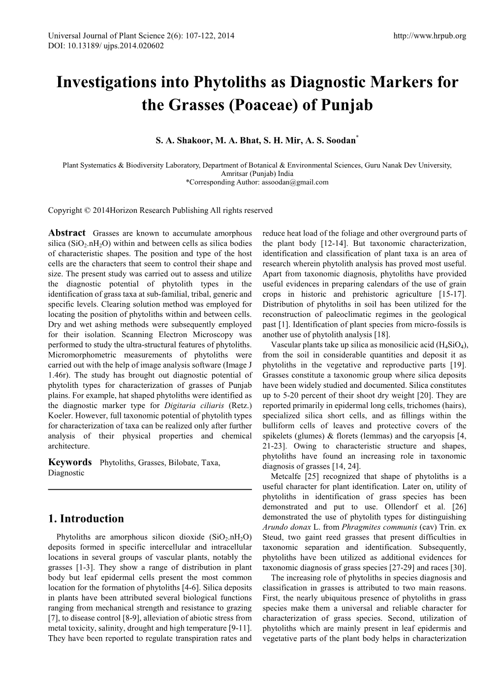 Investigations Into Phytoliths As Diagnostic Markers for the Grasses (Poaceae) of Punjab