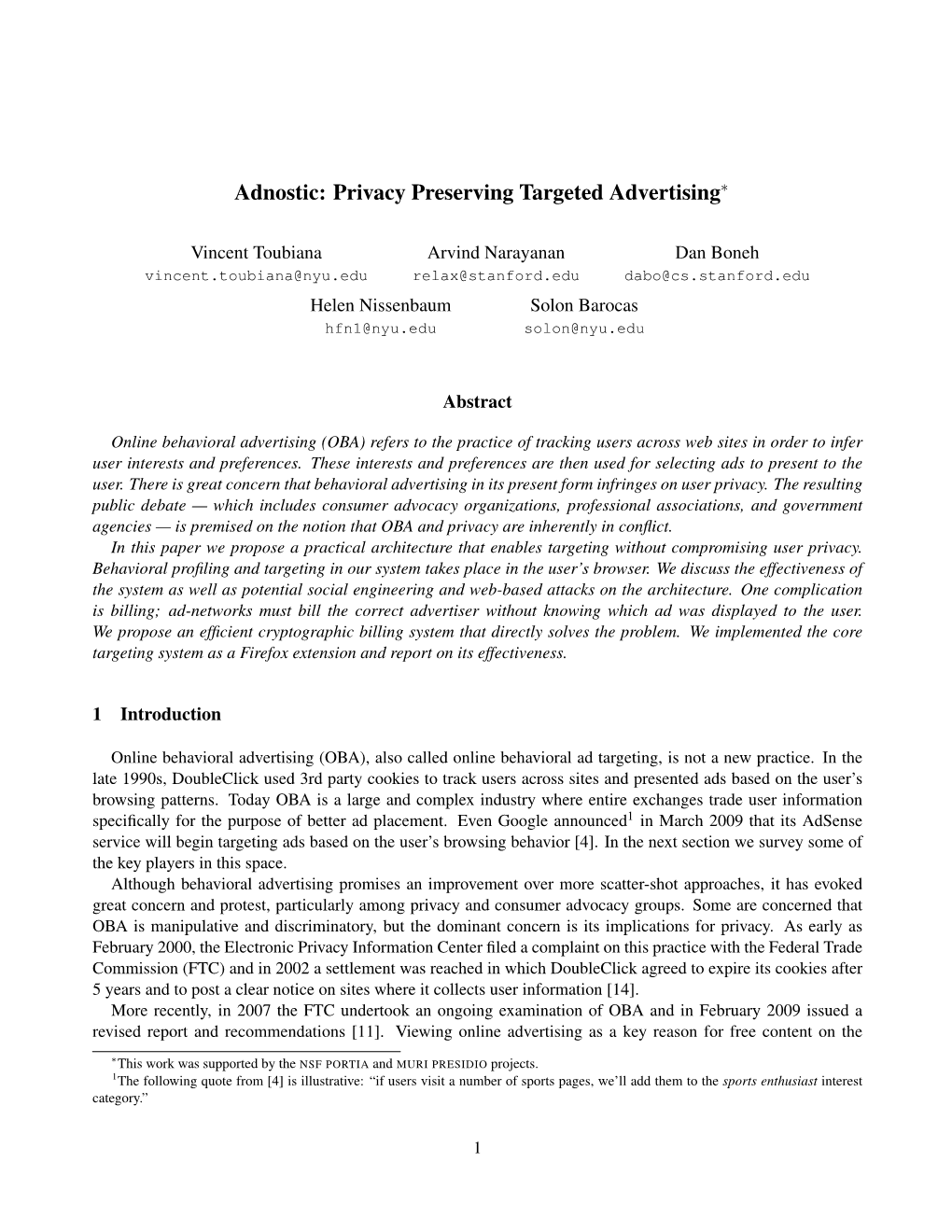 Adnostic: Privacy Preserving Targeted Advertising∗