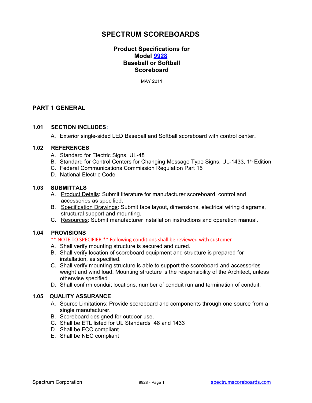 9928 Spectrum Scoreboard Specs