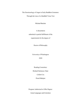 The Emotionology of Anger in Early Buddhist Literature: Through the Lens of a Gāndhārī Verse Text Michael Butcher a Disser