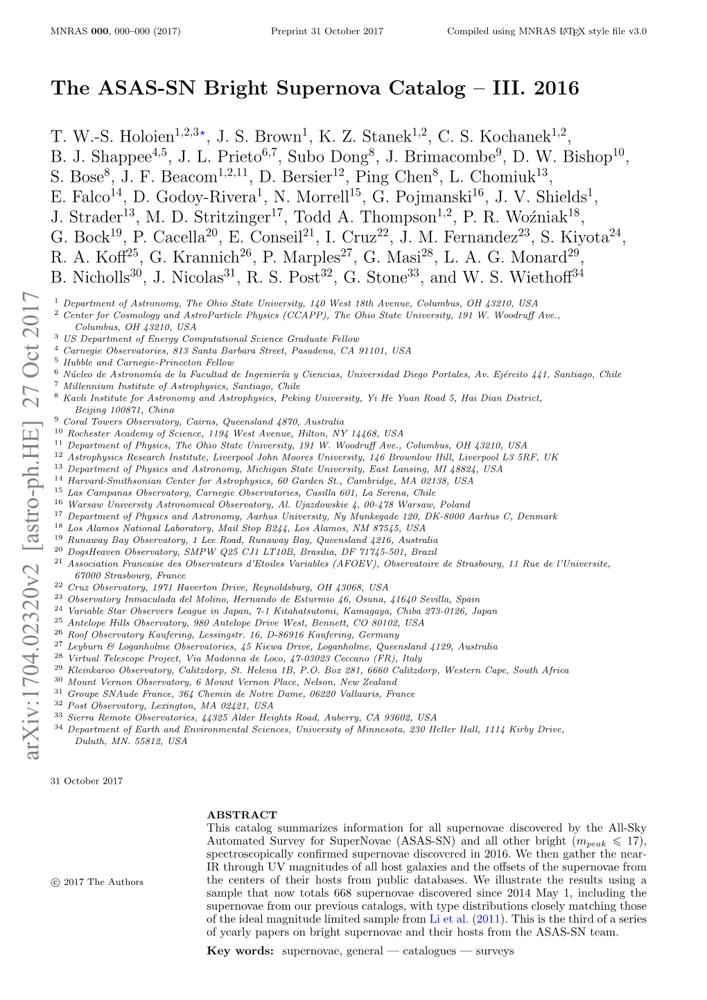 The ASAS-SN Bright Supernova Catalog – III. 2016