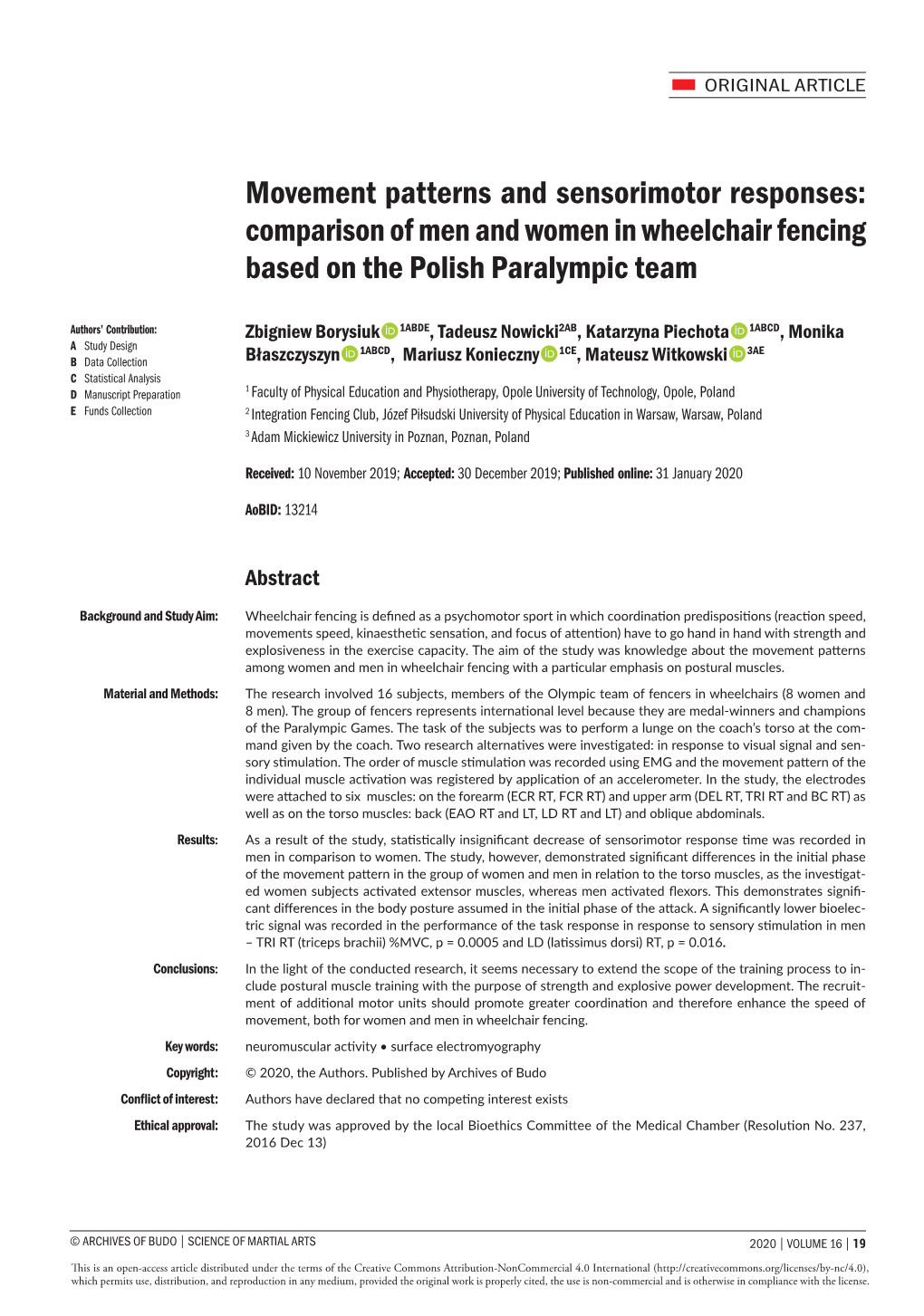 Comparison of Men and Women in Wheelchair Fencing Based on the Polish Paralympic Team