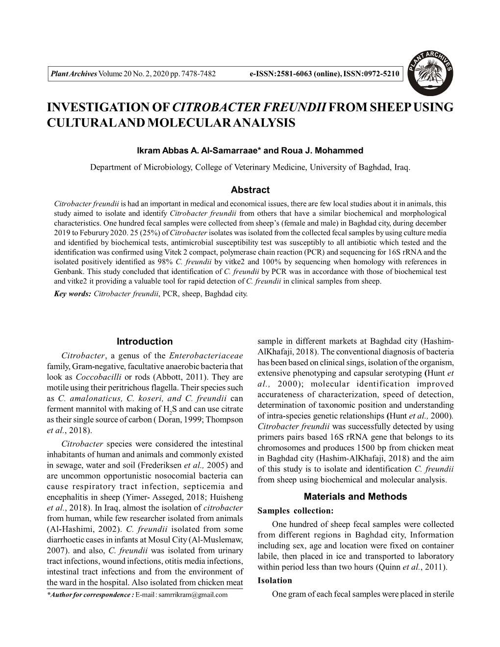 Investigation of Citrobacter Freundiifrom Sheep Using Cultural and Molecular Analysis