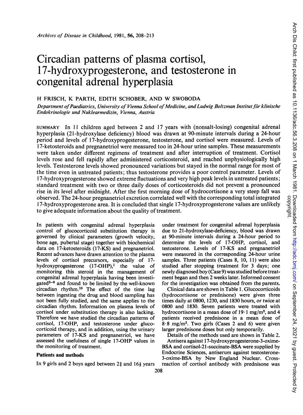 Circadian Patterns of Plasma Cortisol, 17-Hydroxyprogesterone, and Testosterone in Congenital Adrenal Hyperplasia