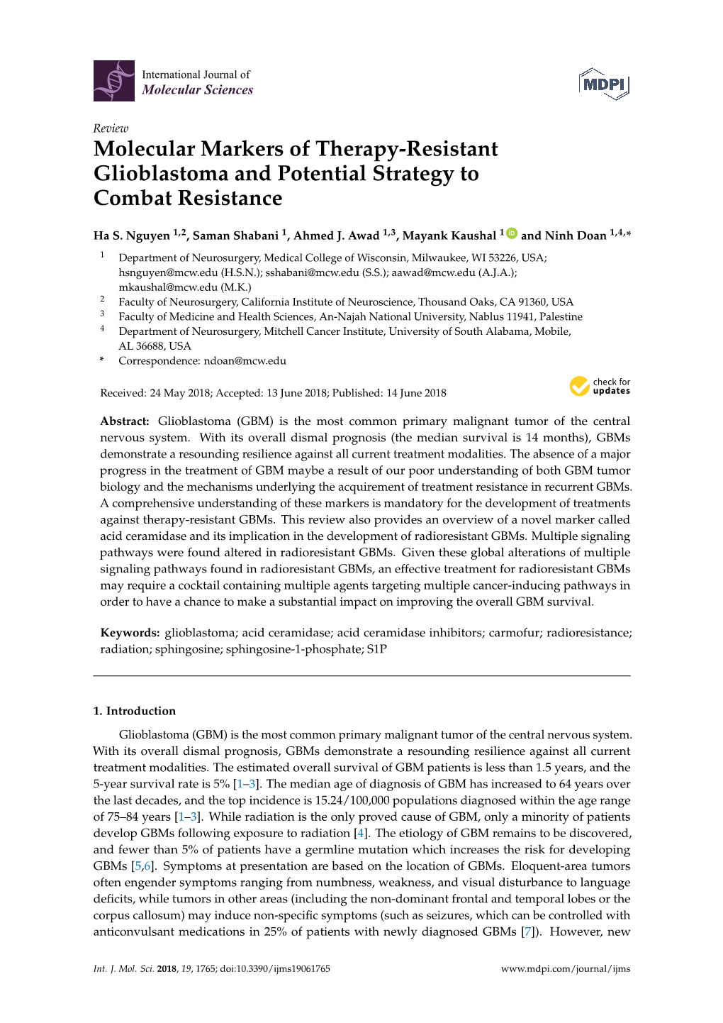 Molecular Markers of Therapy-Resistant Glioblastoma and Potential Strategy to Combat Resistance