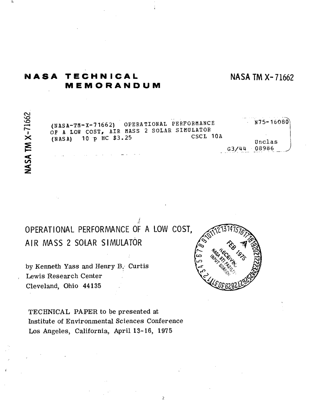 AIR MASS 2 SOLAR SIMULATOR CSCL 10A X (NASA) 10 P HC $3.25 Unclas G3/44 08986 Z