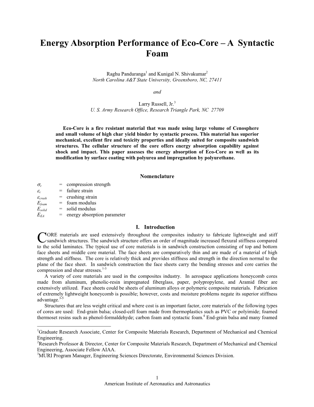 Energy Absorption Performance of Eco-Core – a Syntactic Foam