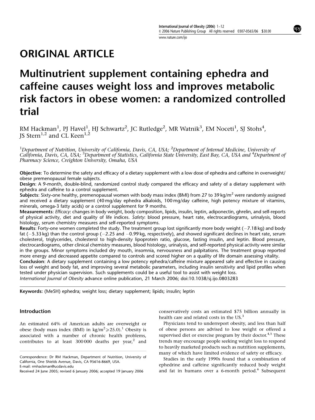 ORIGINAL ARTICLE Multinutrient Supplement Containing Ephedra