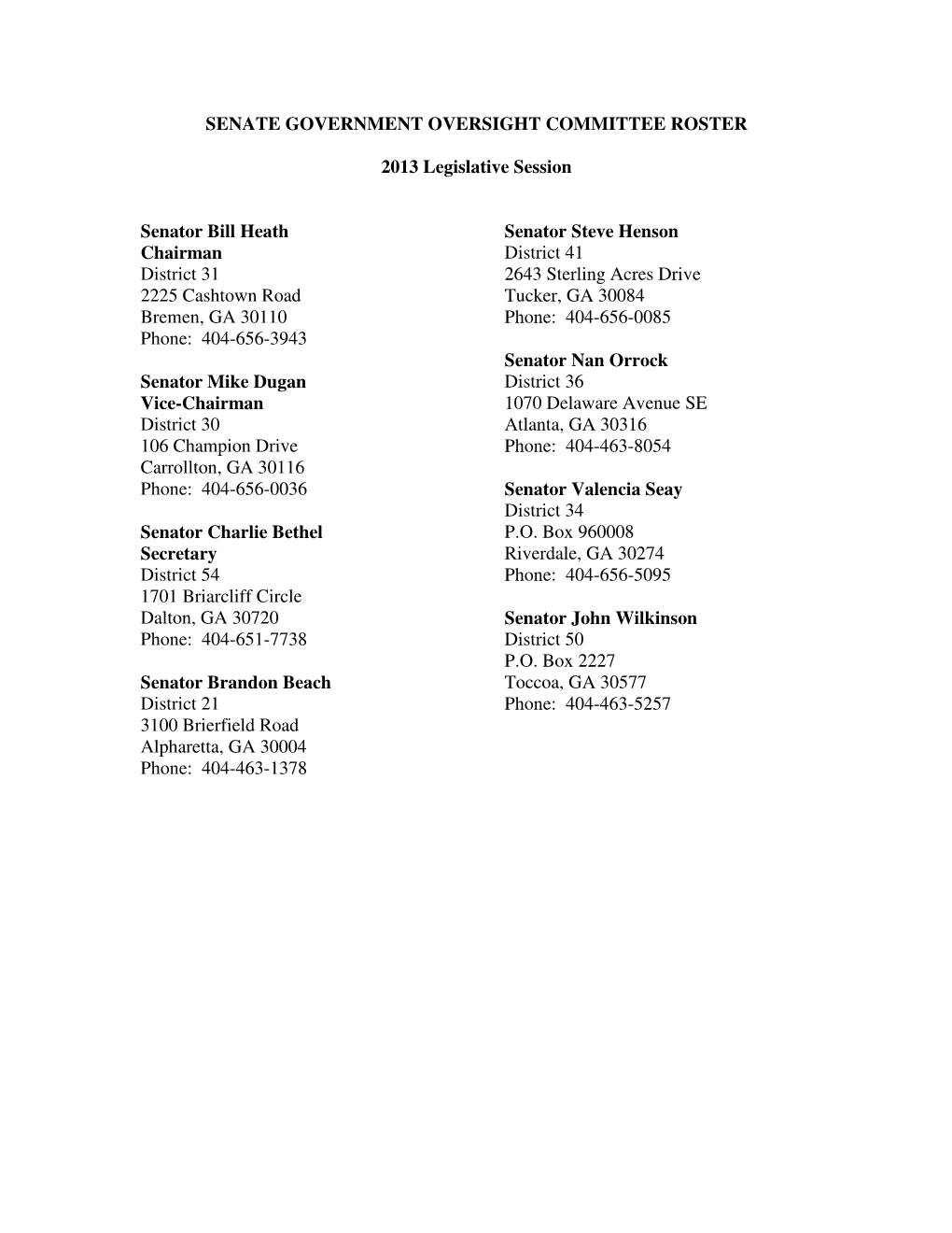 Senate Government Oversight Committee Roster