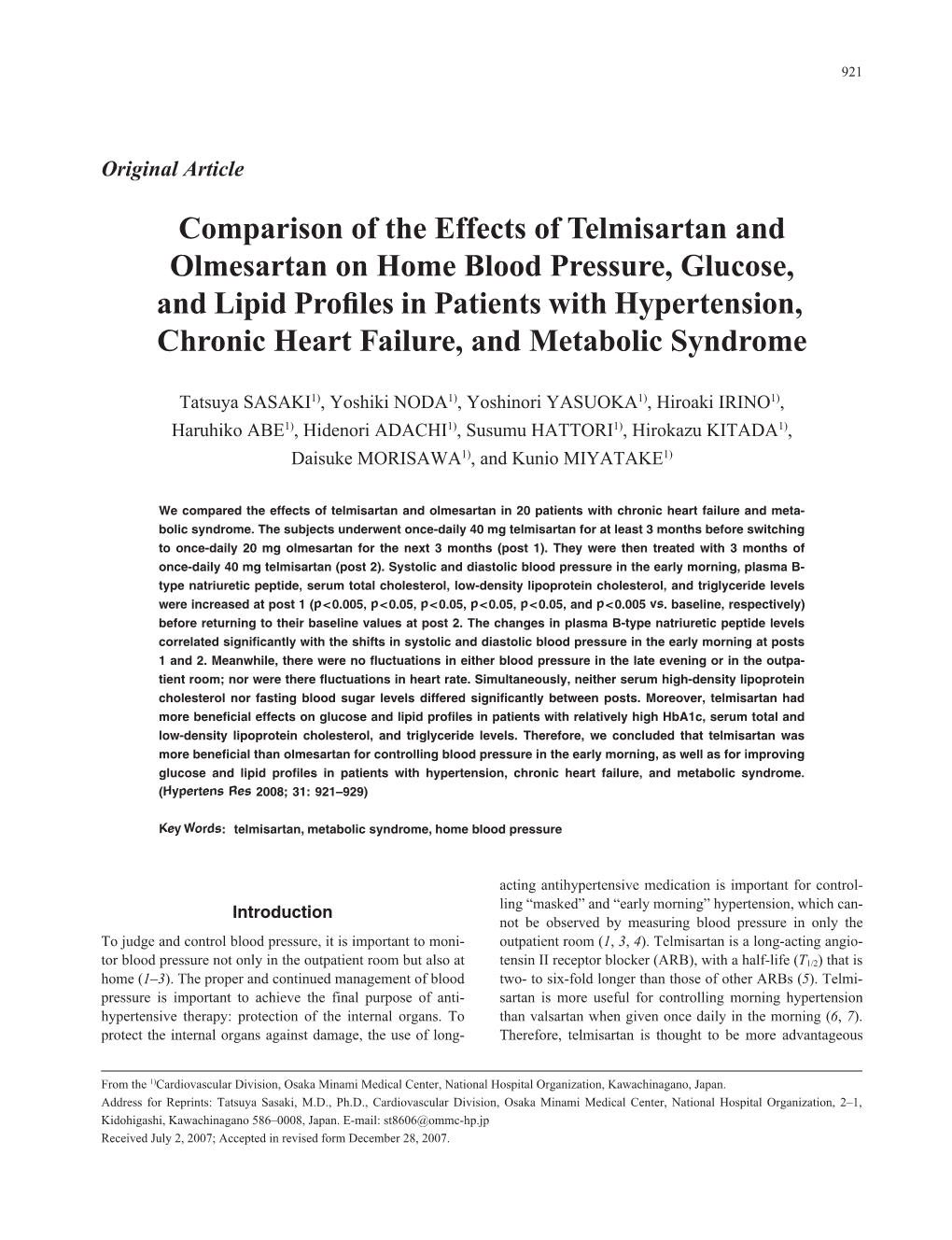 Comparison of the Effects of Telmisartan and Olmesartan On