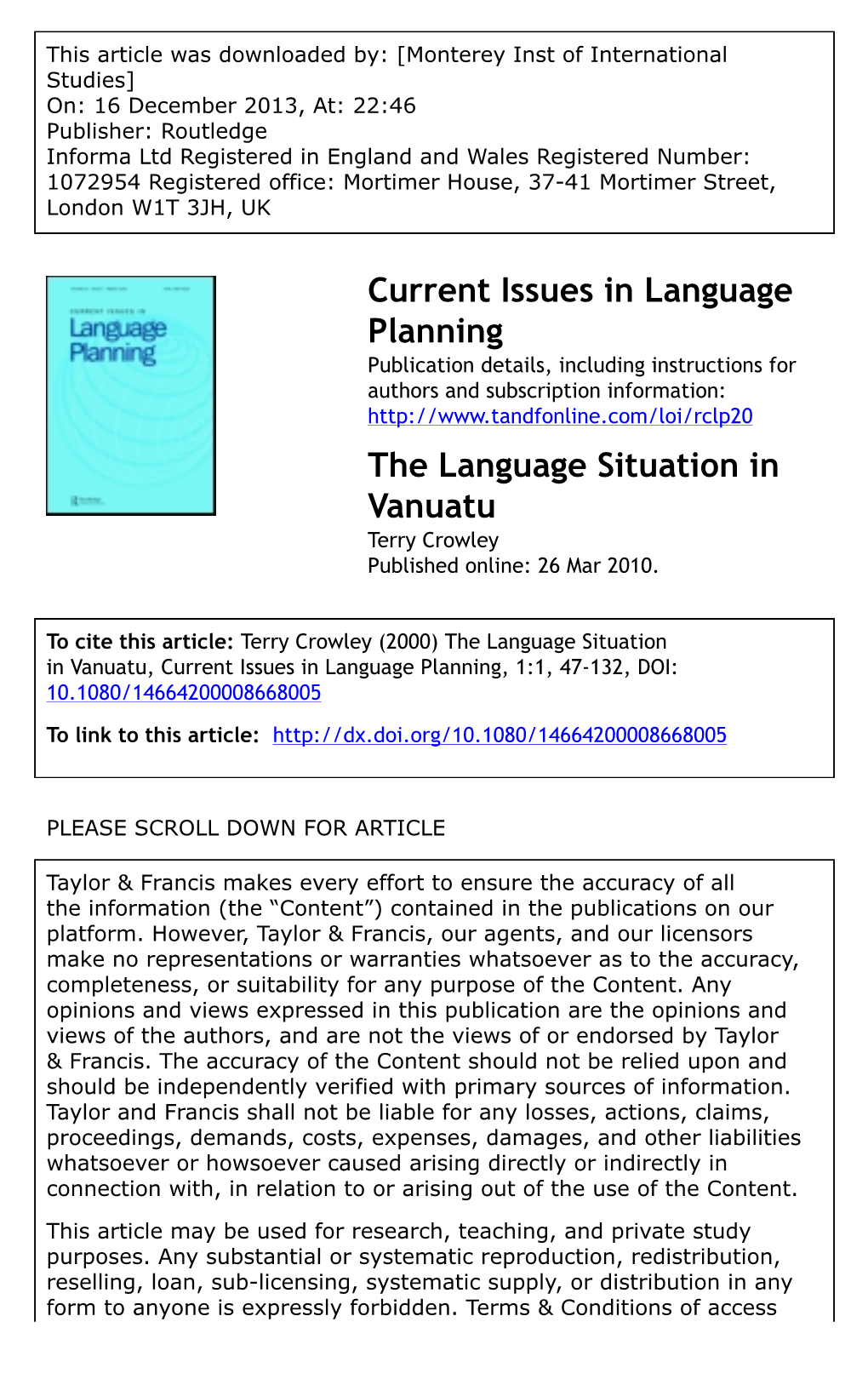 The Language Situation in Vanuatu Terry Crowley Published Online: 26 Mar 2010