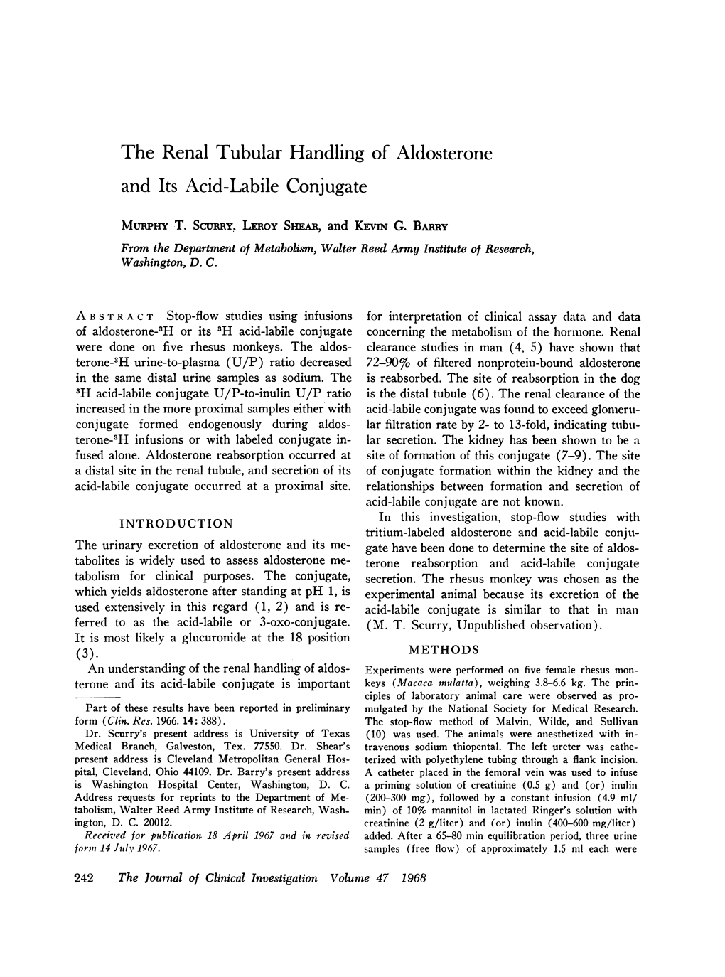 The Renal Tubular Handling of Aldosterone and Its Acid-Labile Conjugate