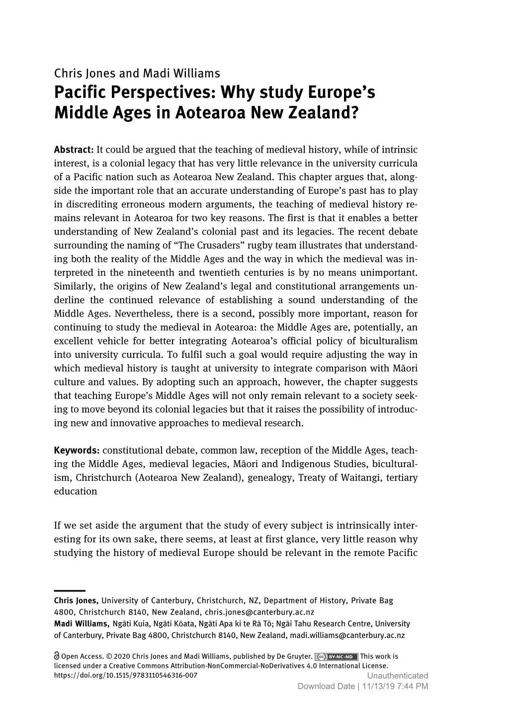 Pacific Perspectives: Why Study Europe’S Middle Ages in Aotearoa New Zealand?