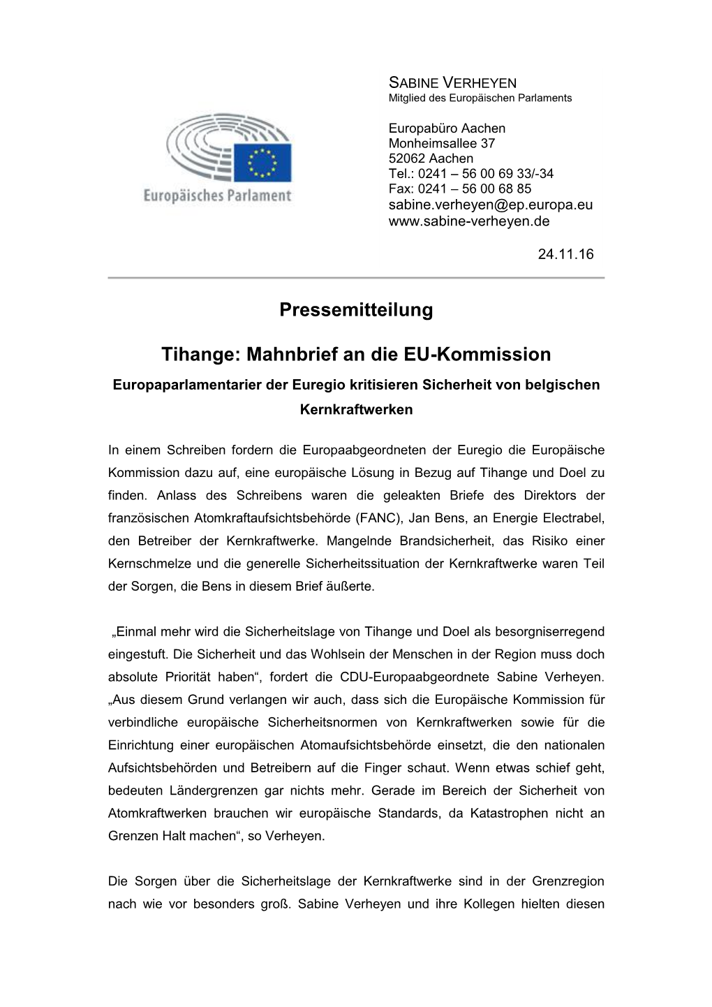 Pressemitteilung Tihange: Mahnbrief an Die EU