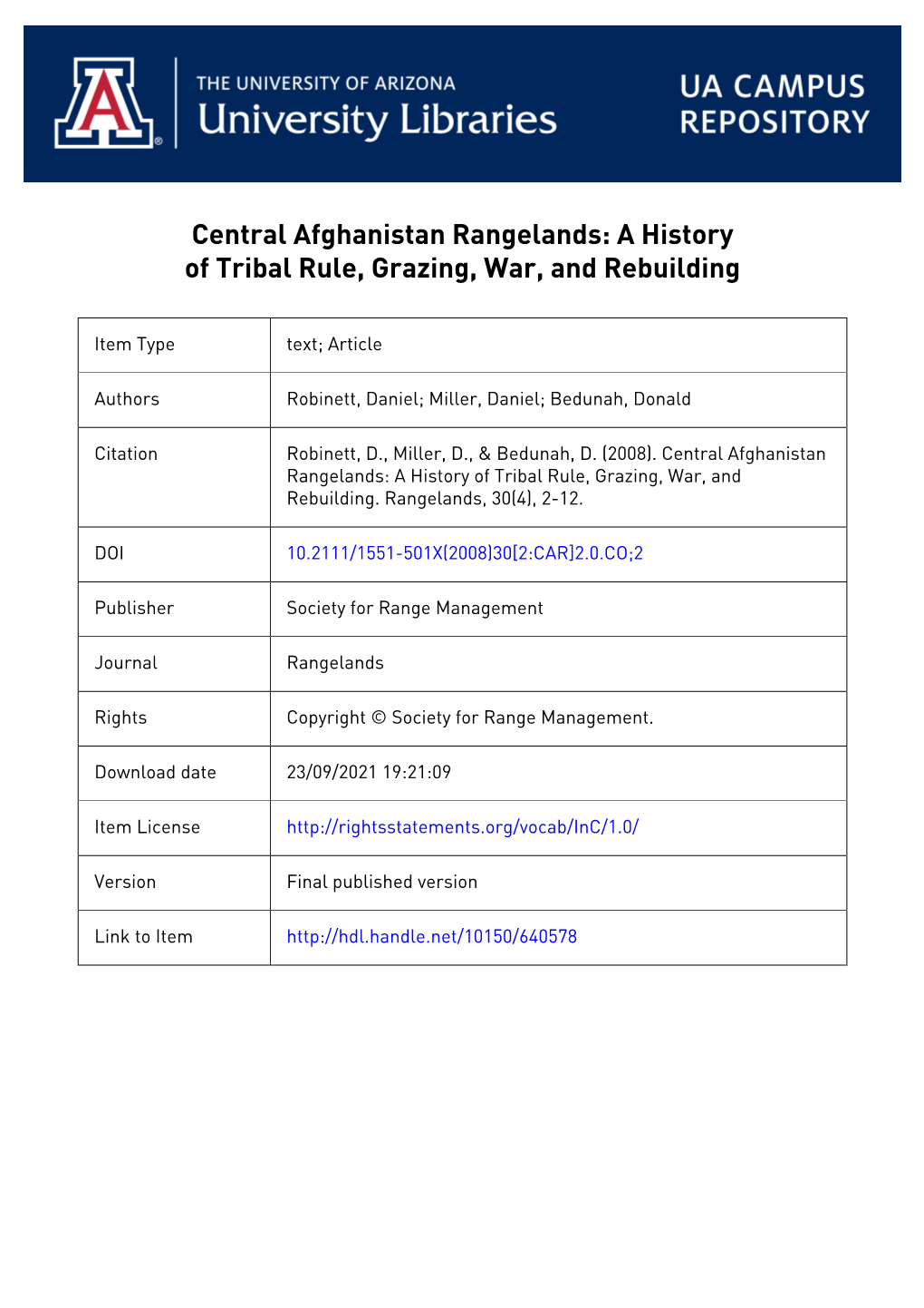 Central Afghanistan Rangelands: a History of Tribal Rule, Grazing, War, and Rebuilding