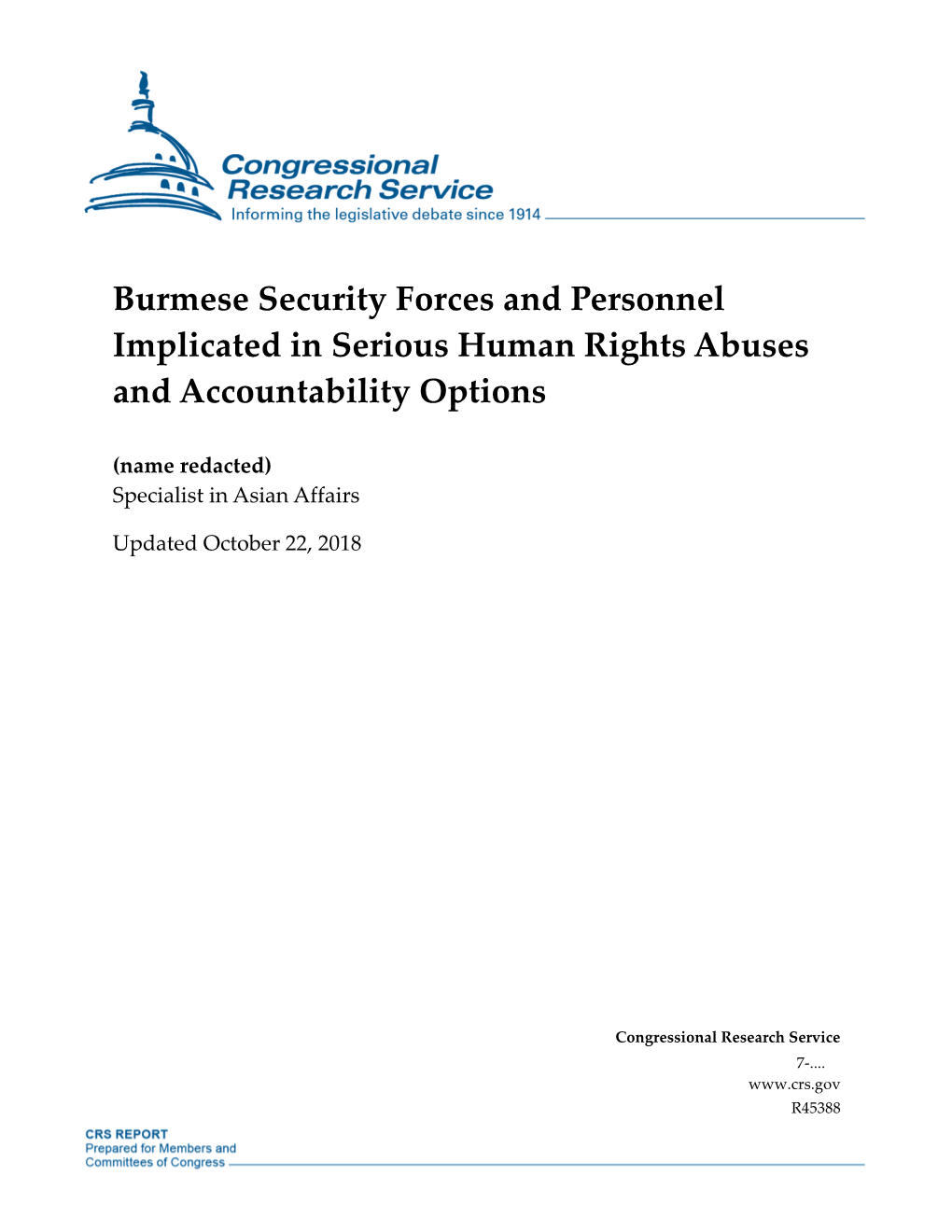 Burmese Security Forces and Personnel Implicated in Serious Human Rights Abuses and Accountability Options