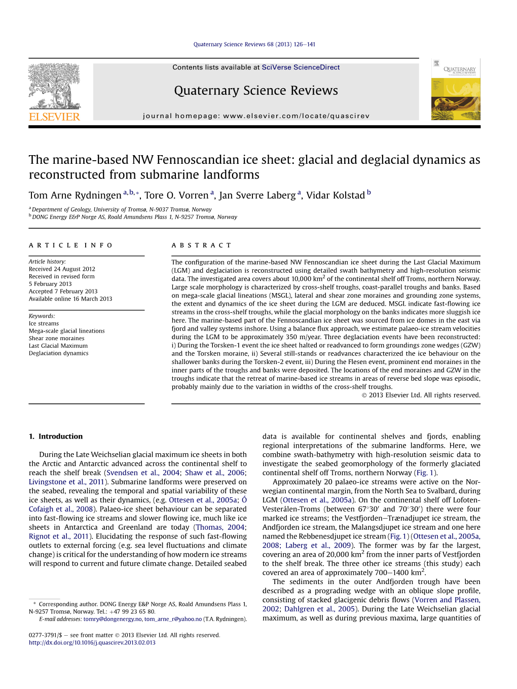 The Marine-Based NW Fennoscandian Ice Sheet: Glacial and Deglacial Dynamics As Reconstructed from Submarine Landforms