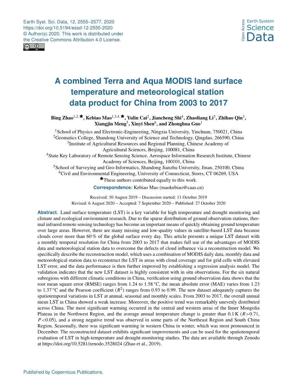 A Combined Terra and Aqua MODIS Land Surface Temperature and Meteorological Station Data Product for China from 2003 to 2017