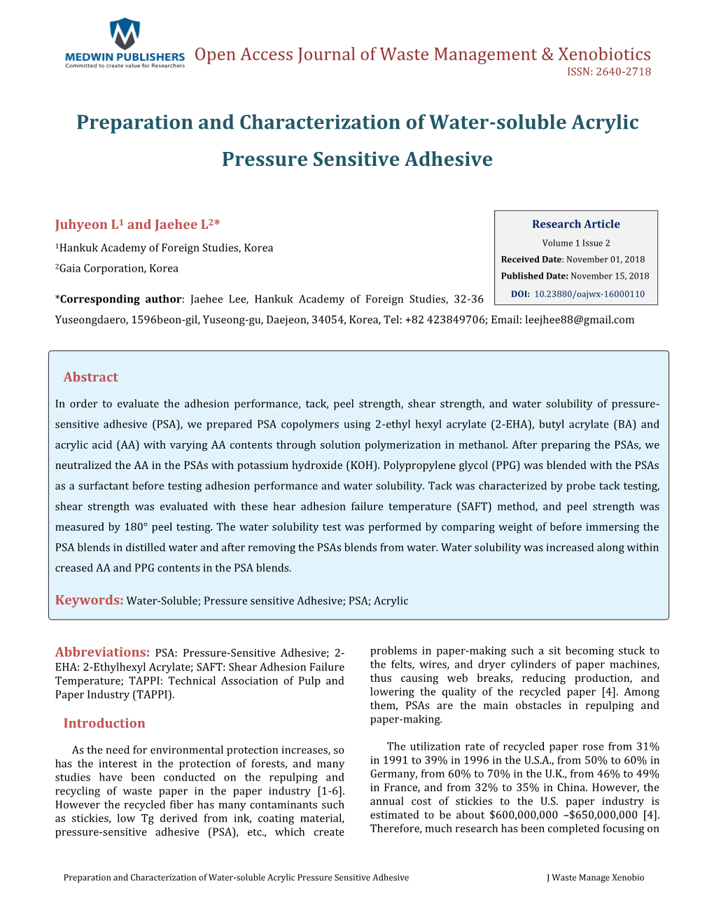 Preparation and Characterization of Water-Soluble Acrylic Pressure Sensitive Adhesive