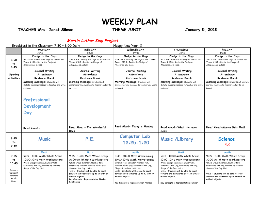 Summer School Weekly Plan