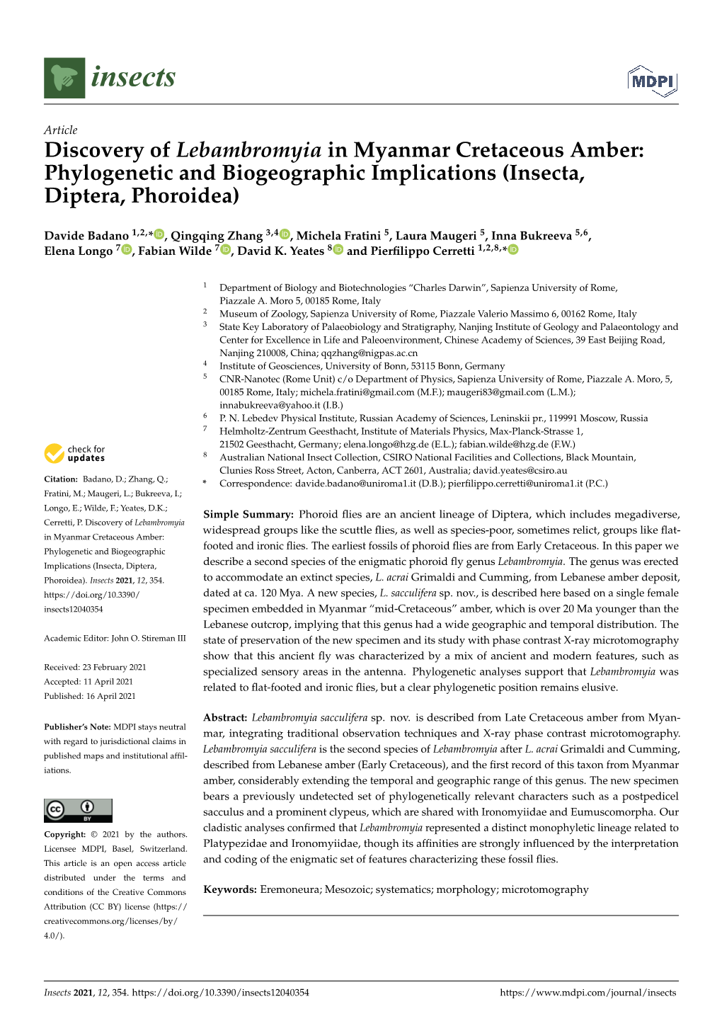 Discovery of Lebambromyia in Myanmar Cretaceous Amber: Phylogenetic and Biogeographic Implications (Insecta, Diptera, Phoroidea)