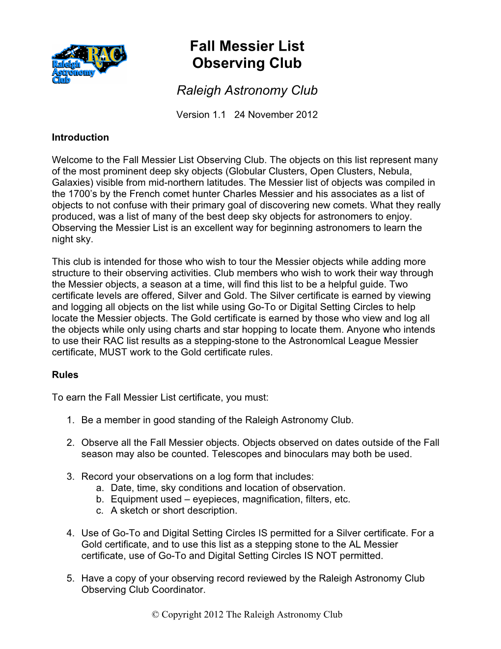 Fall Messier List Observing Club