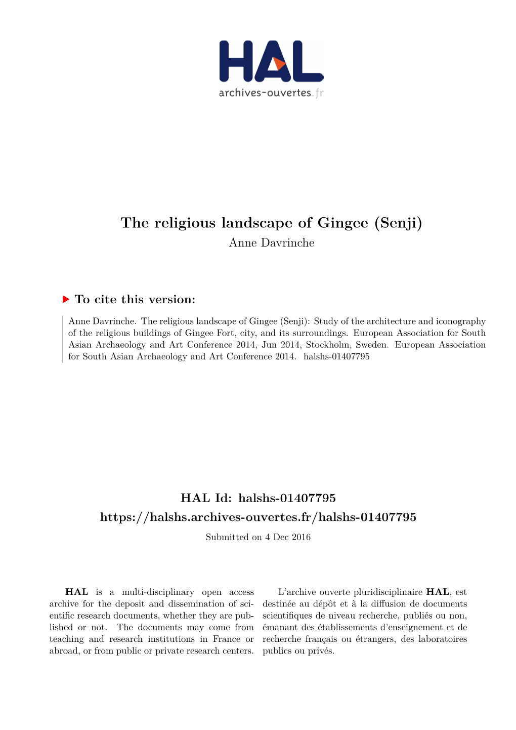 The Religious Landscape of Gingee (Senji) Anne Davrinche