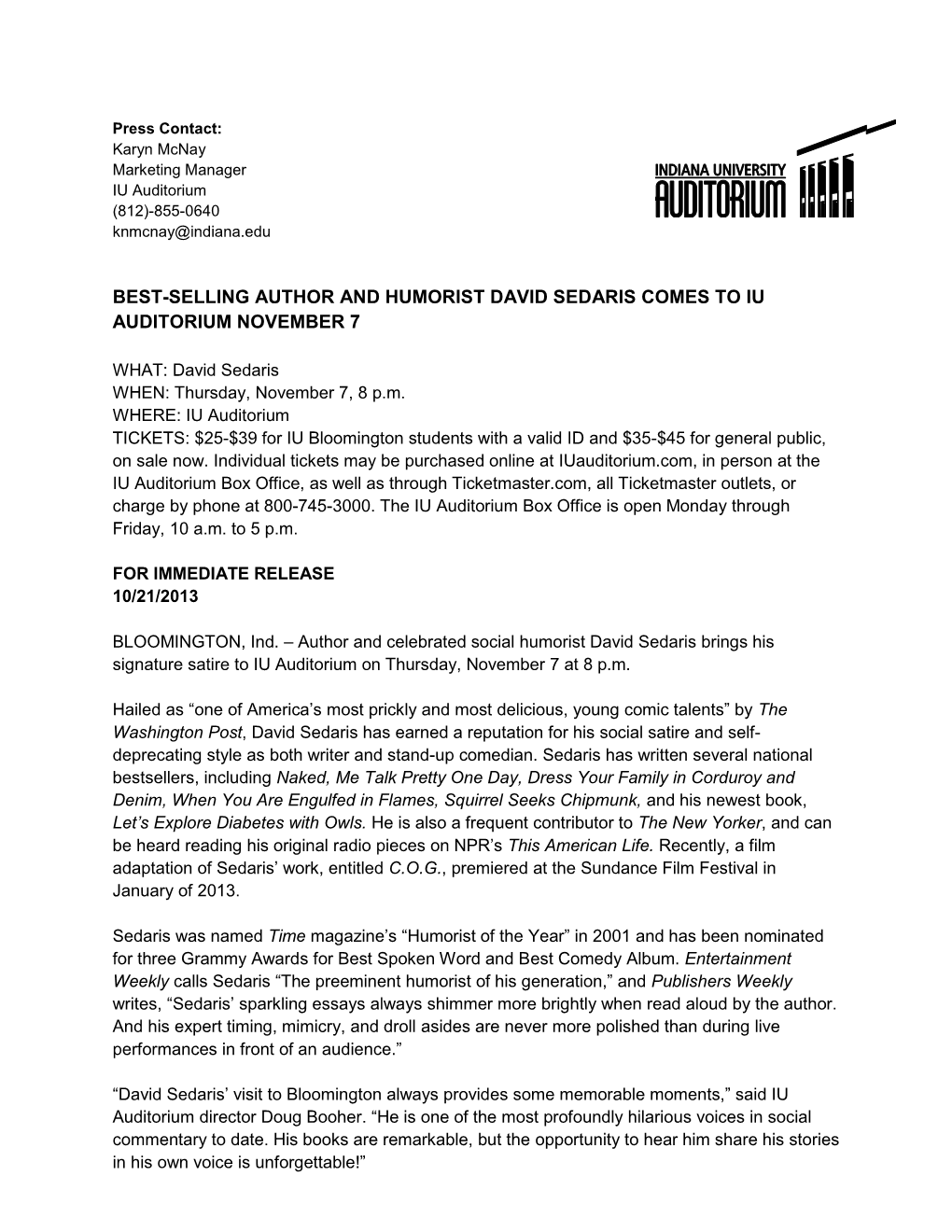 Best-Selling Author and Humorist David Sedaris Comes to Iu Auditorium November 7