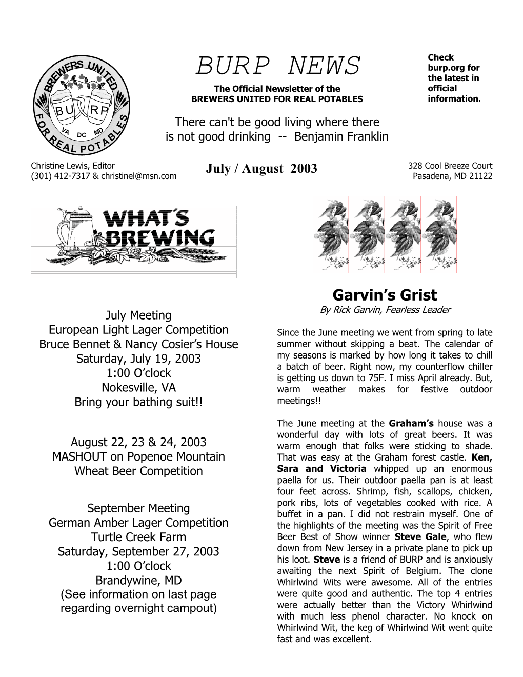 BURP NEWS the Latest in E R D B the Official Newsletter of the Official BREWERS UNITED for REAL POTABLES Information