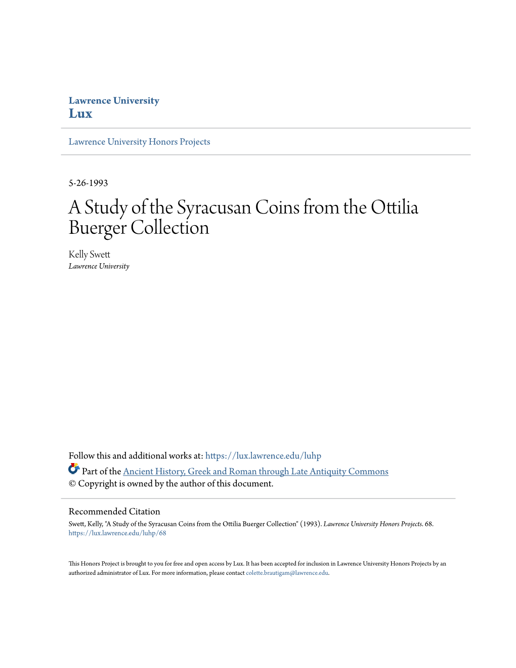 A Study of the Syracusan Coins from the Ottilia Buerger Collection Kelly Swett Lawrence University