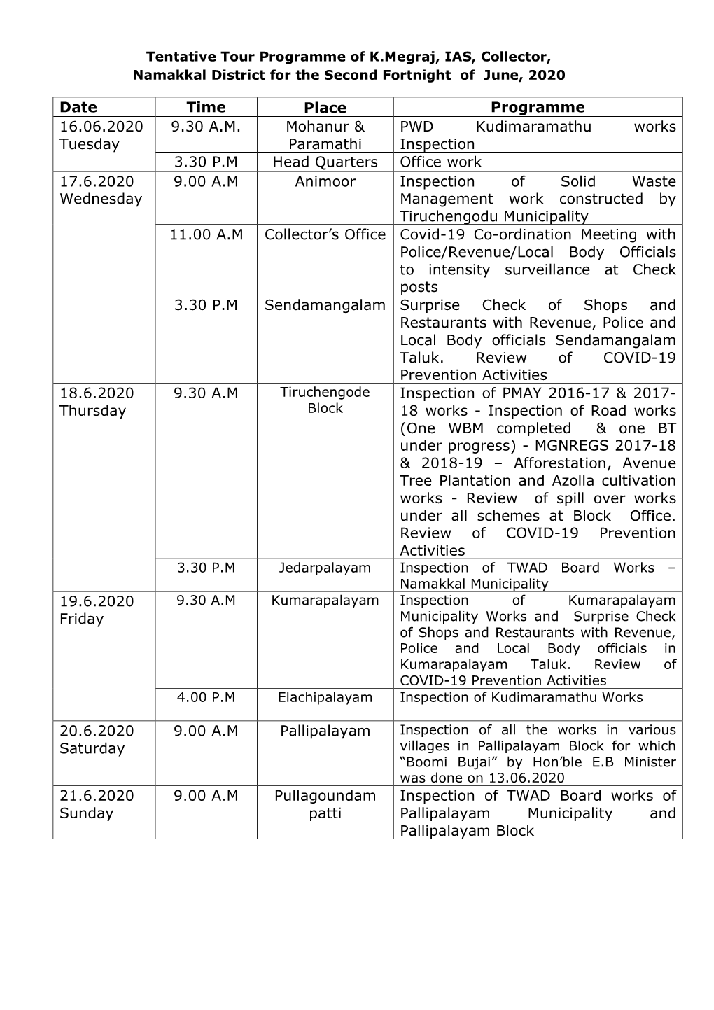 Date Time Place Programme 16.06.2020 Tuesday 9.30 A.M