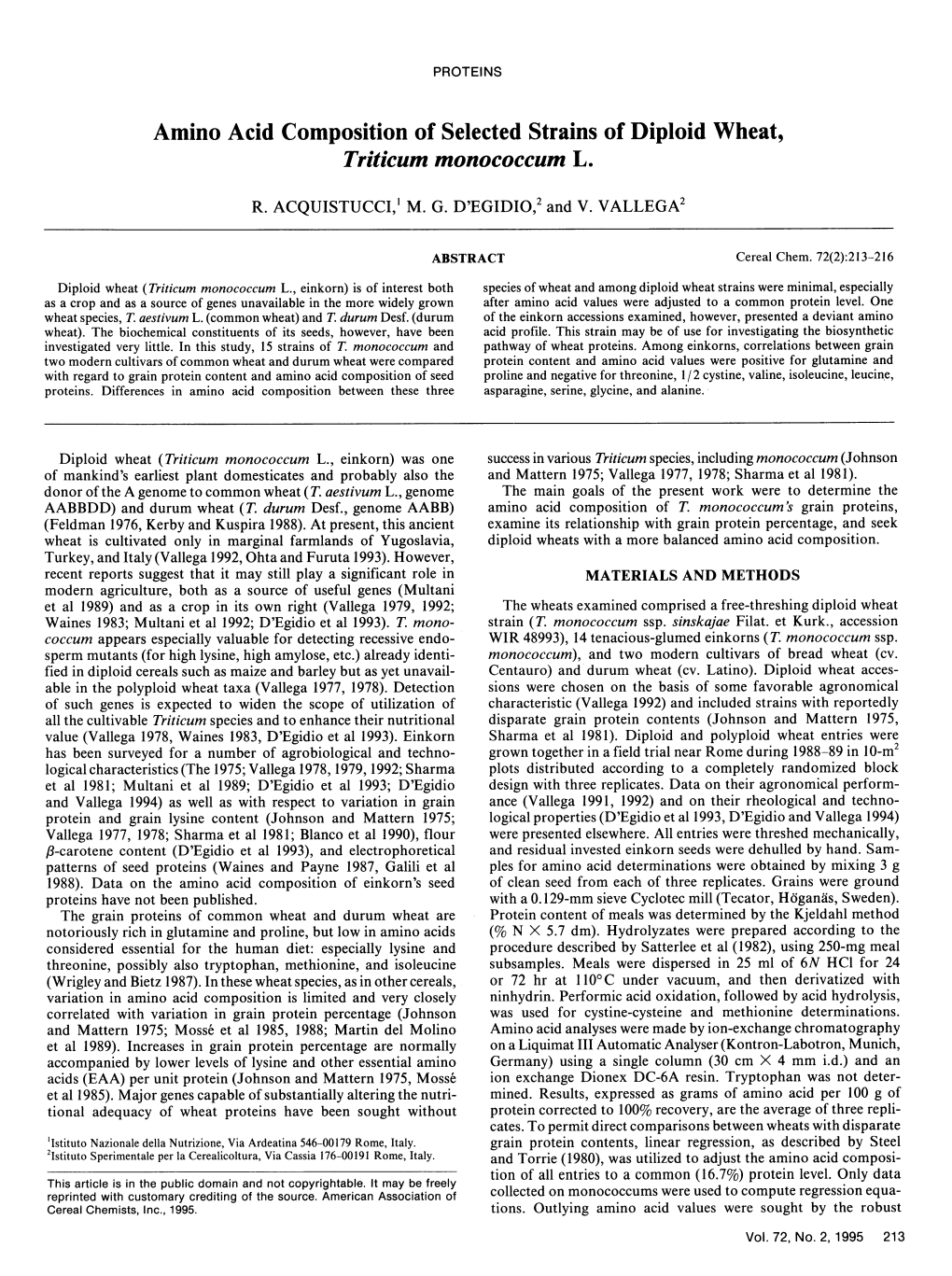 Amino Acid Composition of Selected Strains of Diploid Wheat, Triticum Monococcum L