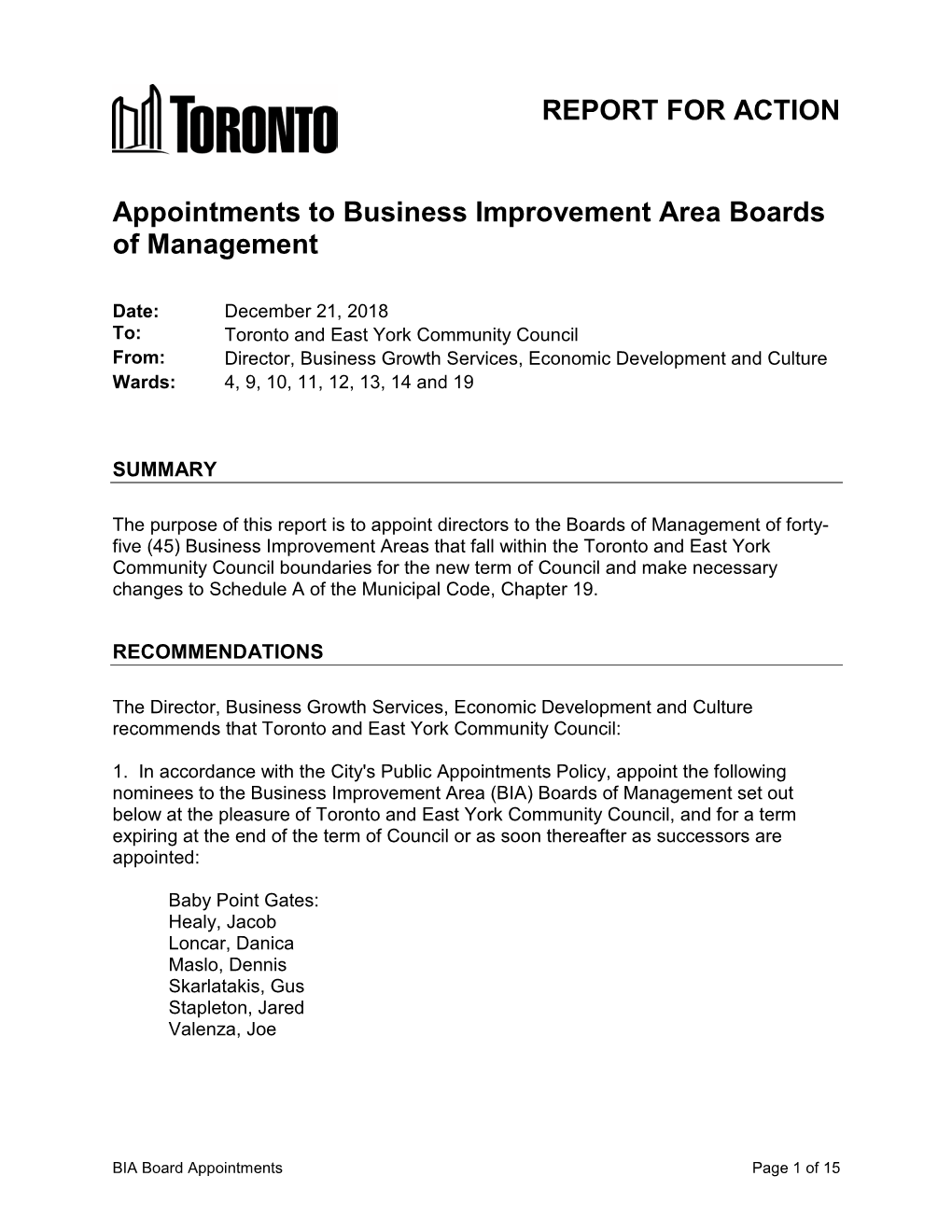 Appointments to Business Improvement Area Boards of Management