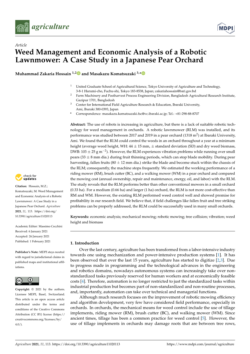 Weed Management and Economic Analysis of a Robotic Lawnmower: a Case Study in a Japanese Pear Orchard