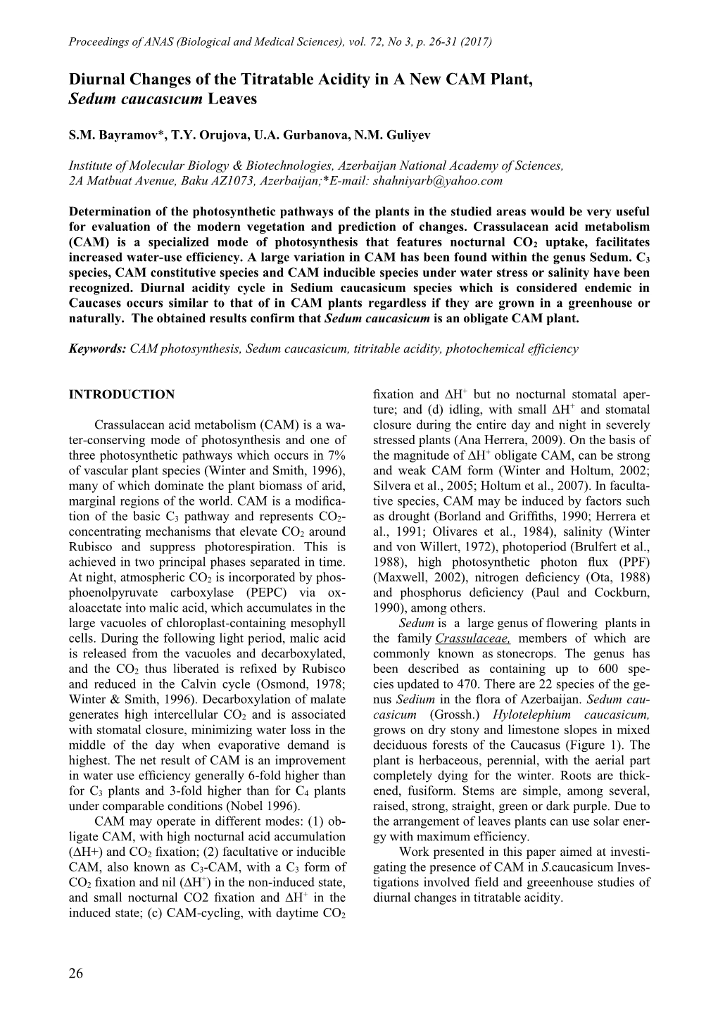 Diurnal Changes of the Titratable Acidity in a New CAM Plant, Sedum Caucasıcum Leaves