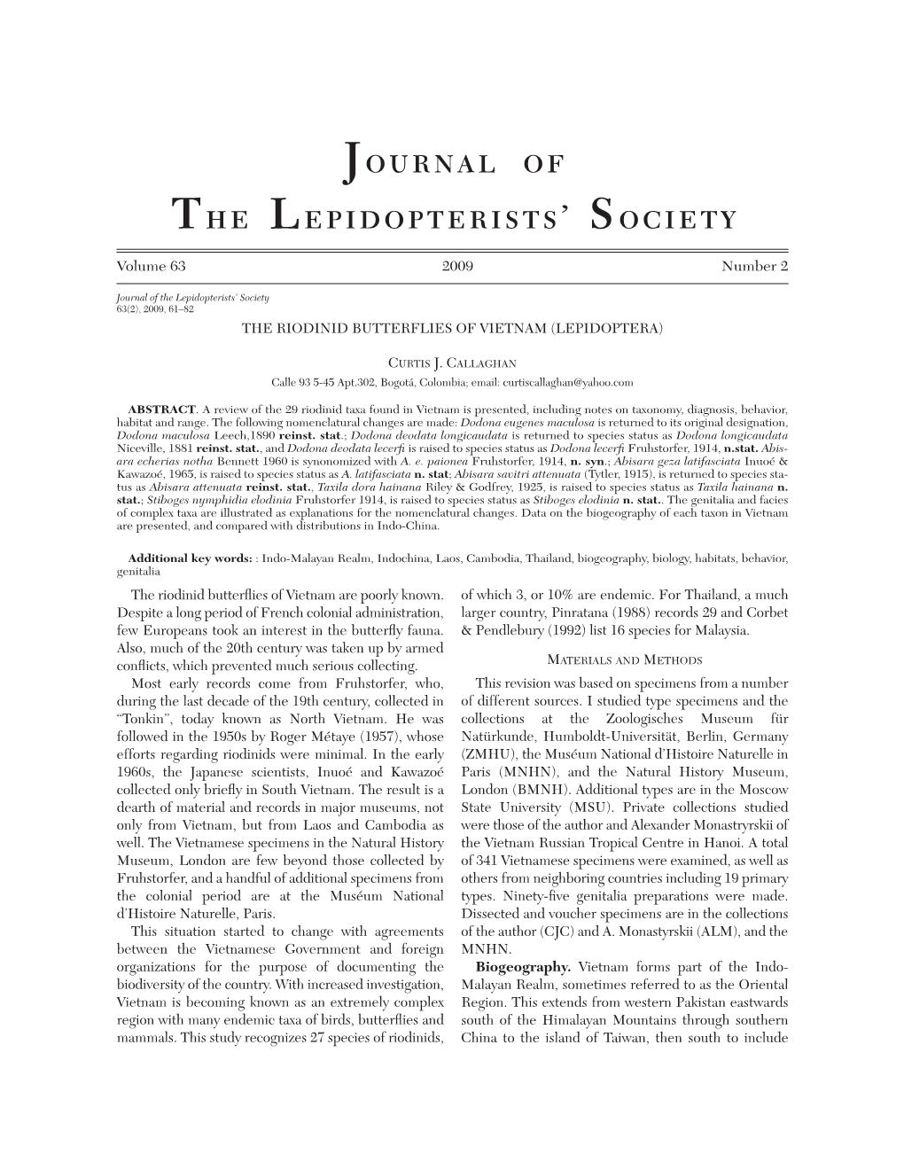 Journal of the Lepidopterists' Society