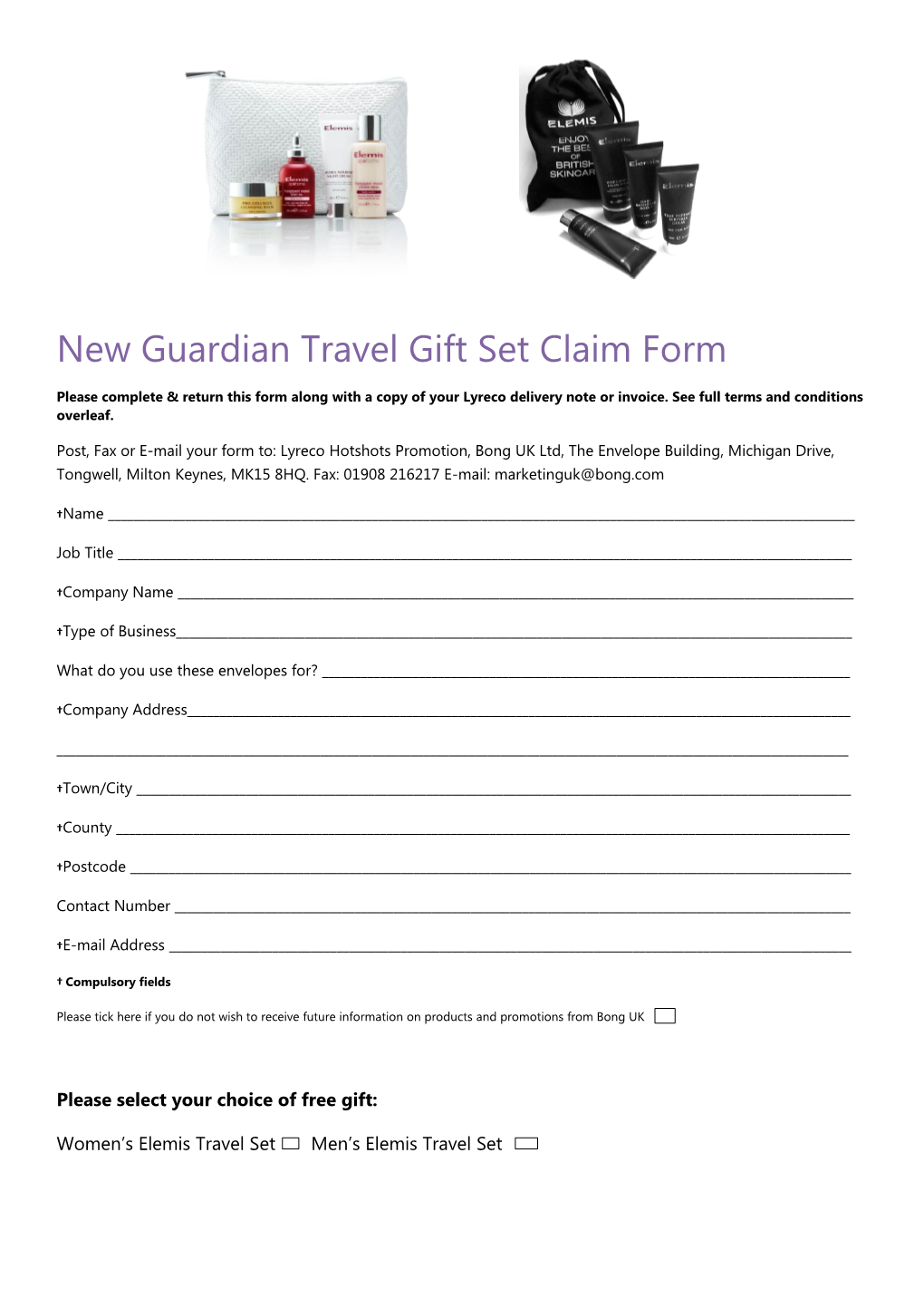 New Guardian Travel Gift Set Claim Form