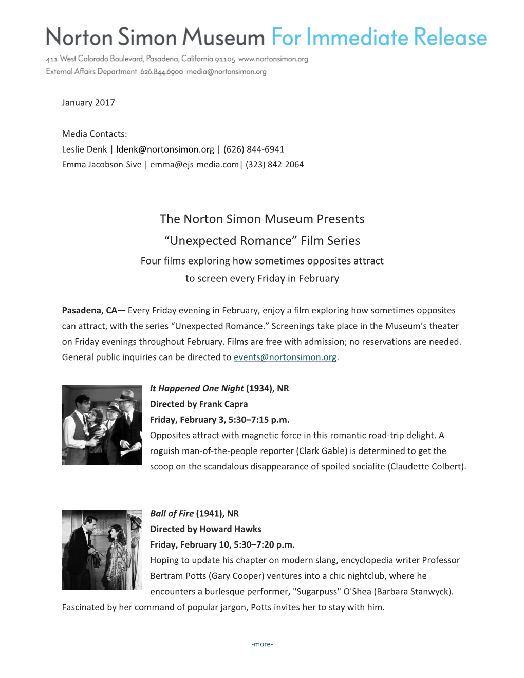 The Norton Simon Museum Presents “Unexpected Romance” Film Series Four Films Exploring How Sometimes Opposites Attract to Screen Every Friday in February