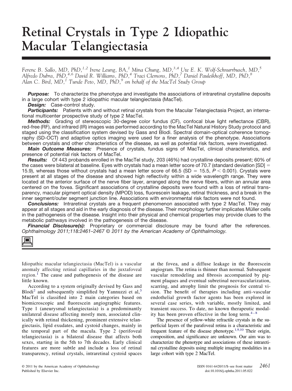 Retinal Crystals in Type 2 Idiopathic Macular Telangiectasia