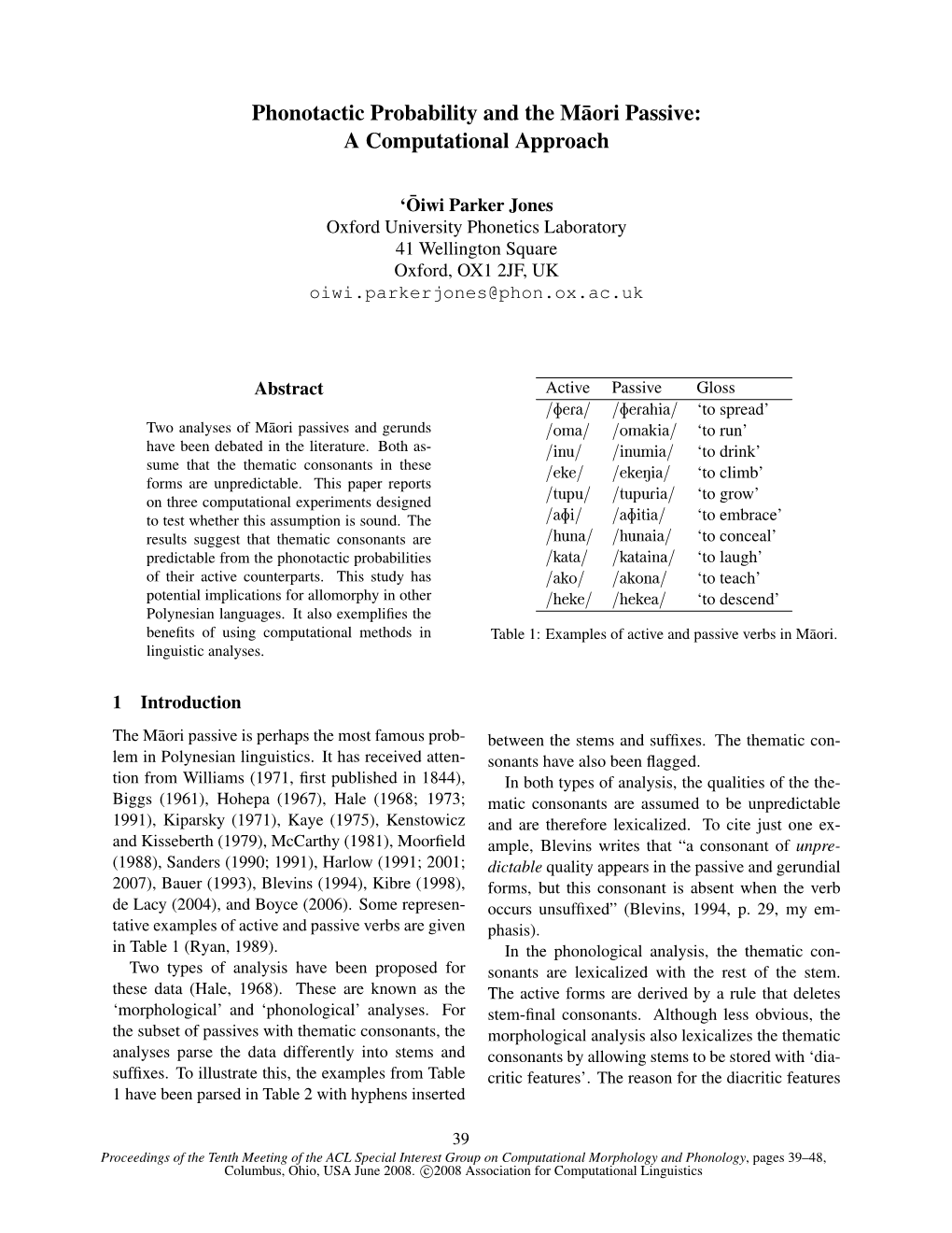 Phonotactic Probability and the Maori Passive: a Computational Approach