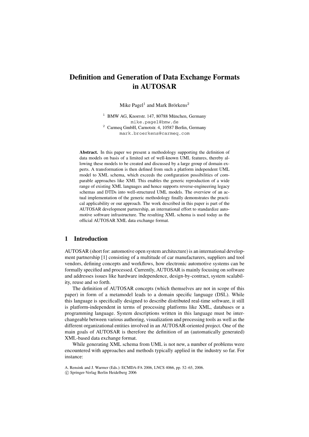 Definition and Generation of Data Exchange Formats in AUTOSAR