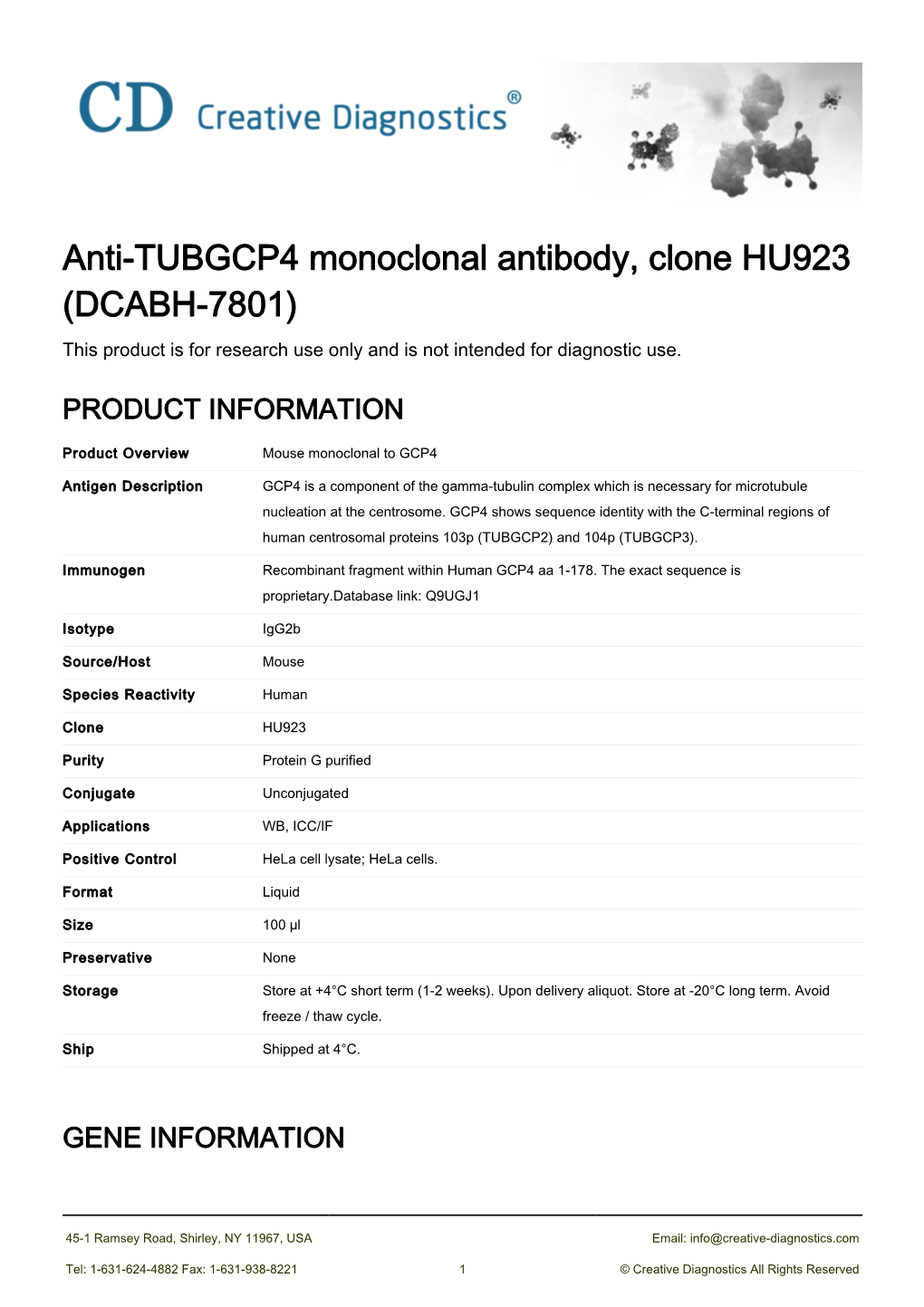 Anti-TUBGCP4 Monoclonal Antibody, Clone HU923 (DCABH-7801) This Product Is for Research Use Only and Is Not Intended for Diagnostic Use