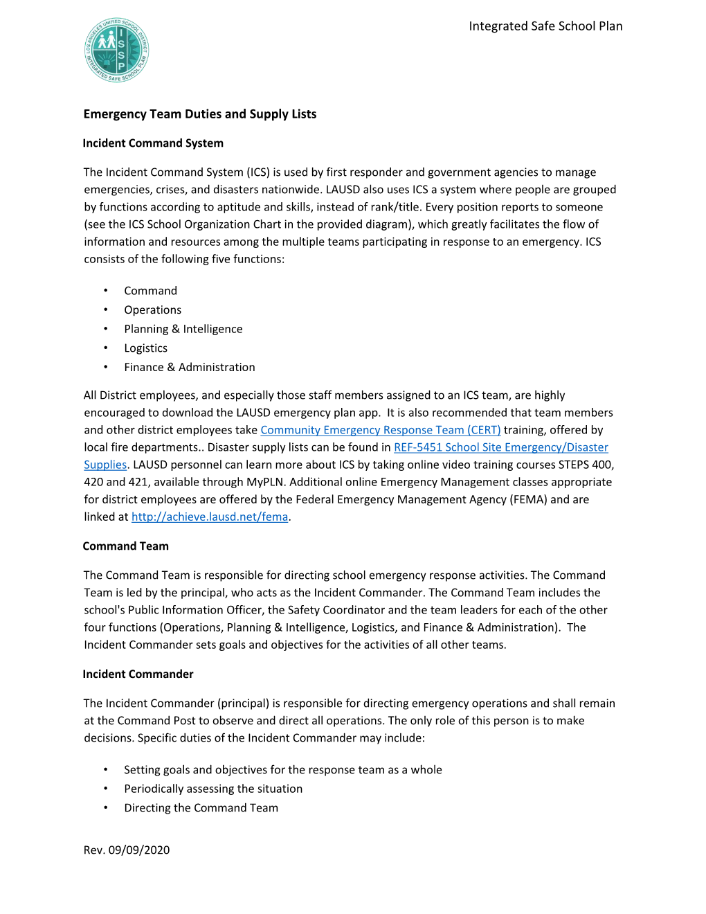 Emergency Team Duties and Supply Lists