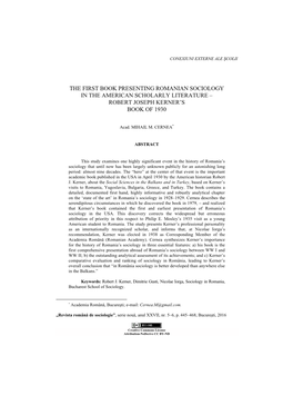 The First Book Presenting Romanian Sociology in the American Scholarly Literature – Robert Joseph Kerner’S Book of 1930