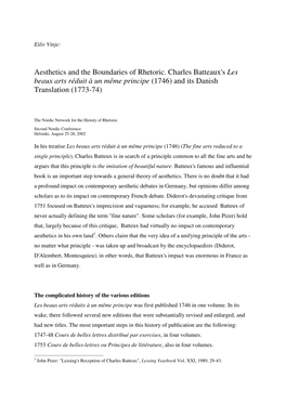 Aesthetics and the Boundaries of Rhetoric. Charles Batteaux's Les Beaux Arts Réduit À Un Même Principe (1746) and Its Danish Translation (1773-74) 