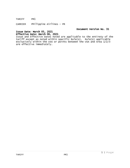 TARIFF PR1 CARRIER Philippine Airlines – PR Document Version No