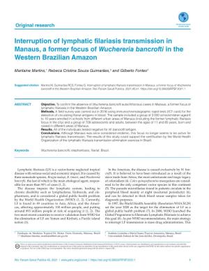 Interruption of Lymphatic Filariasis Transmission in Manaus, a Former Focus of Wuchereria 18 Bancrofti in the Western Brazilian Amazon